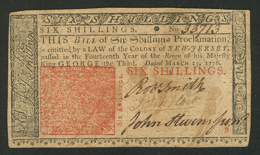 NJ-178 Colonial, 6 Shilling, March 25, 1776 - John Hart Signature, VF/XF, 33713   Sold
